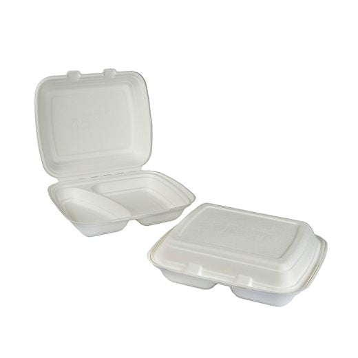 Bagasse Meal Box 2 Comp (249X162X67Mm/9.8X6) White Box in QTY : 2x125Pcs